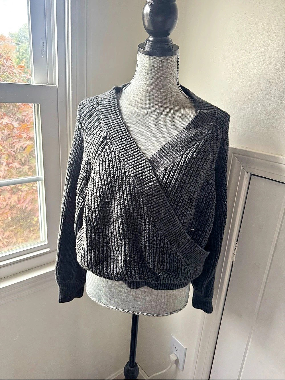 UpWest Charcoal Gray Surplice V-Neck Ribbed Sweater Medium